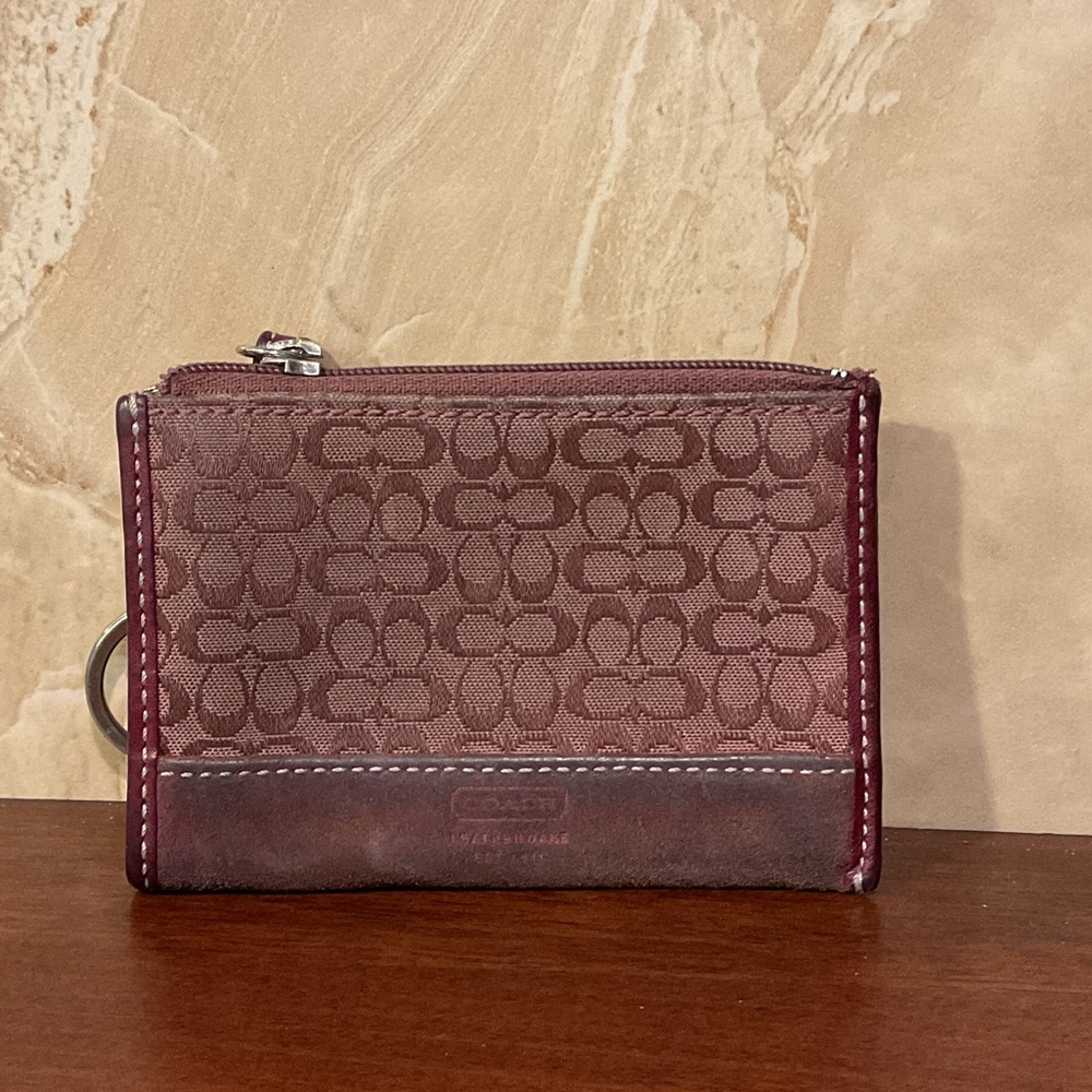 Coach Burgundy and Brown Signature Key Pouch